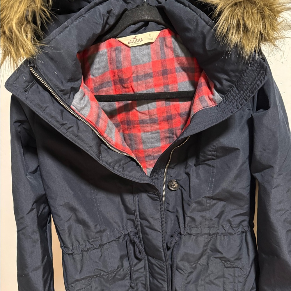 Hollister Women's Dark Blue Ski Jacket with Plaid Red Interior